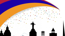 visuel de l'affiche des 30 ans du jumelage - ligne d'horizon avec des bâtiments arméniens survolé d'un arc-en-ciel aux couleurs du drapeau arménien