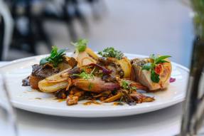 Suprême de volaille du Gâtinais, contisé sous la peau, fricassée de champignons de saison, échalote rôtie