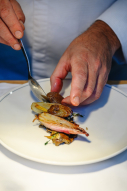 Suprême de volaille du Gâtinais, contisé sous la peau, fricassée de champignons de saison, échalote rôtie
